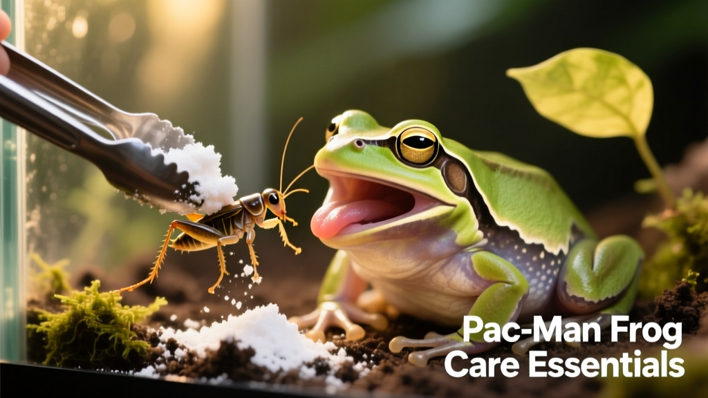 Feeding tongs holding a cricket dusted with white calcium supplement, positioned near a Pacman frog in its terrarium