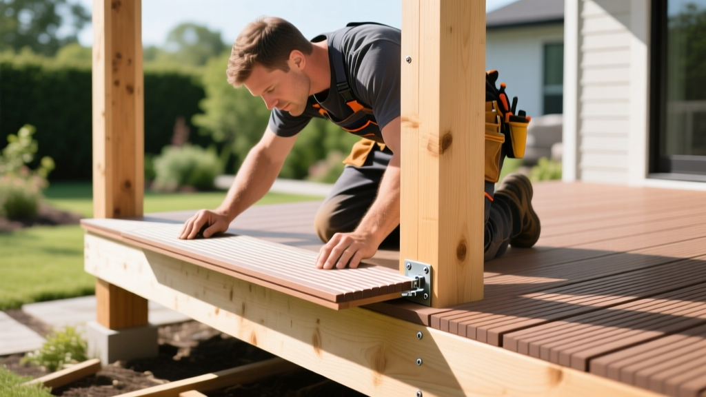 Carpenter installing grooved composite decking boards with hidden fasteners on a newly framed wooden porch structure in bright daylight.