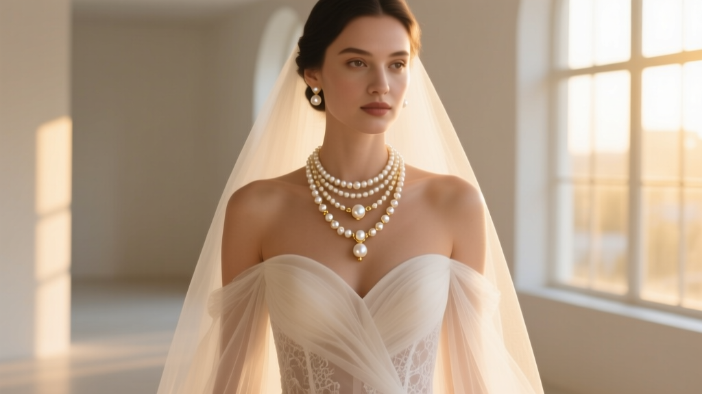 Bride wearing a layered pearl and white gold necklace stack over a sweetheart neckline wedding dress in soft natural daylight.