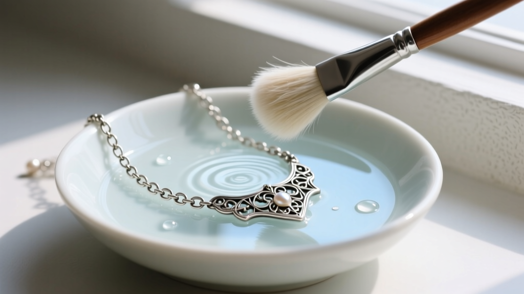 A soft goat-hair jewelry brush gently sweeping a delicate antique book chain necklace over a bowl of distilled water and mild soap