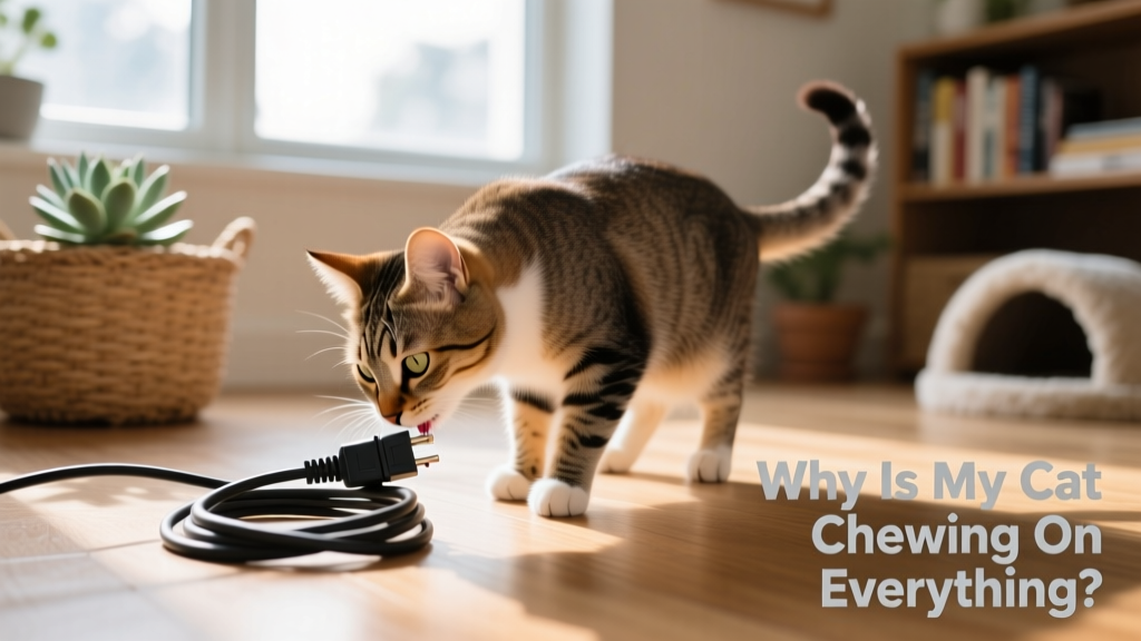 Cat sniffing but turning away from a cord wrapped in a rubber protector