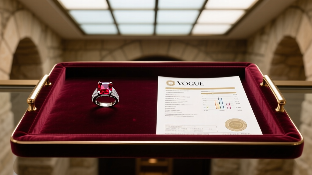 Overhead view of a velvet tray holding a Burmese ruby ring and a GIA dossier report under bright gemological lighting in a vault