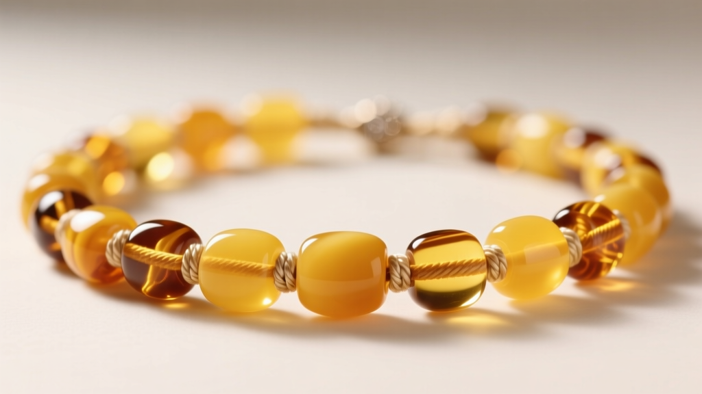 Detailed view of a hand-knotted Baltic amber bead necklace, showing secure silk thread spacing between polished lemon-yellow beads.