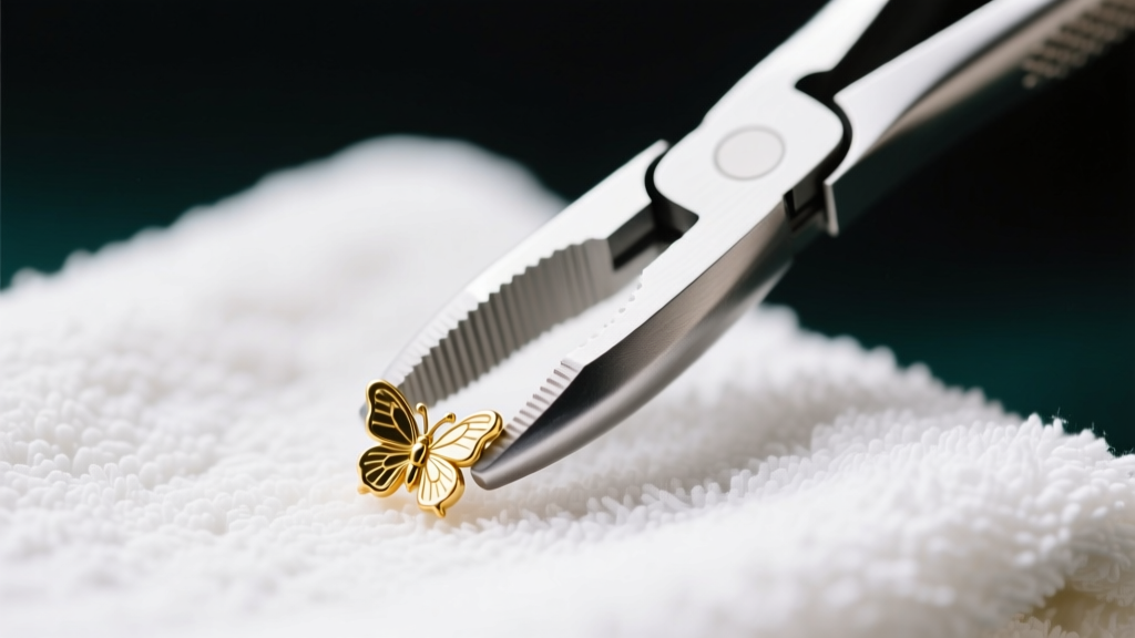 Macro photograph of stainless steel hemostat forceps gently gripping a tiny 20-gauge gold butterfly earring back on a white towel.