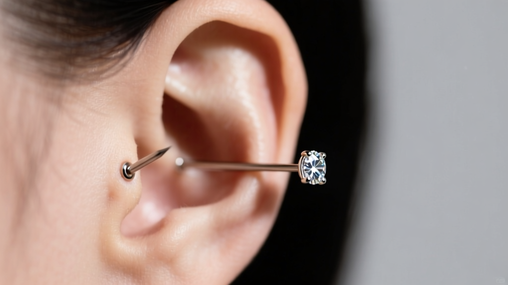 Side profile of threadless push-pin cartilage stud with bezel-set diamond end inserted into a healed helix piercing on a clean ear