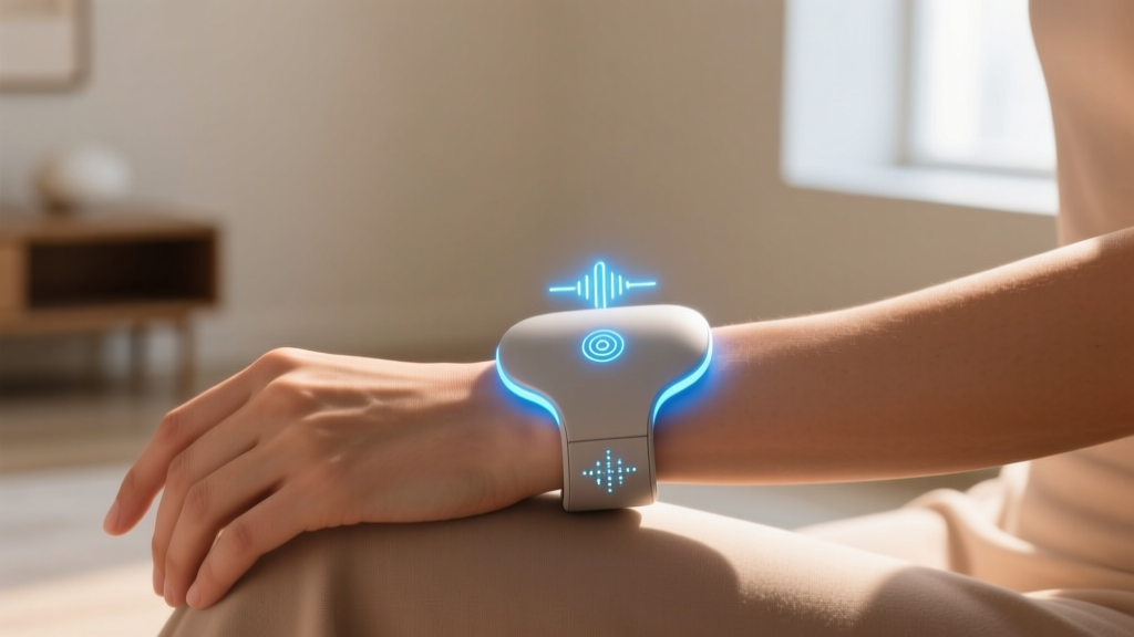 Close-up of a wrist-worn haptic meditation device glowing softly on a woman
