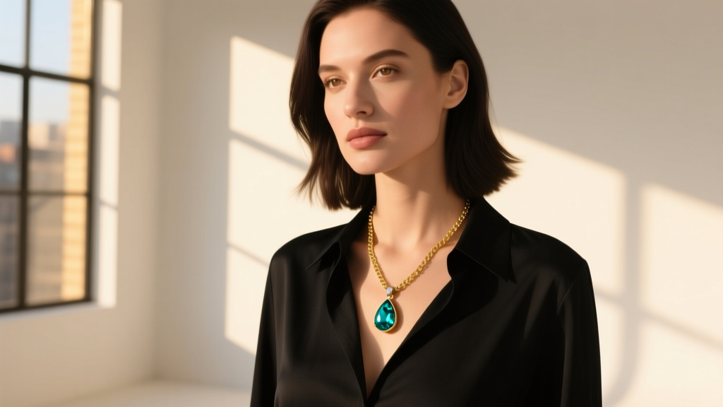Woman wearing an 18-inch gold chain with a teardrop blue and green tourmaline pendant resting near her collarbone in warm daylight