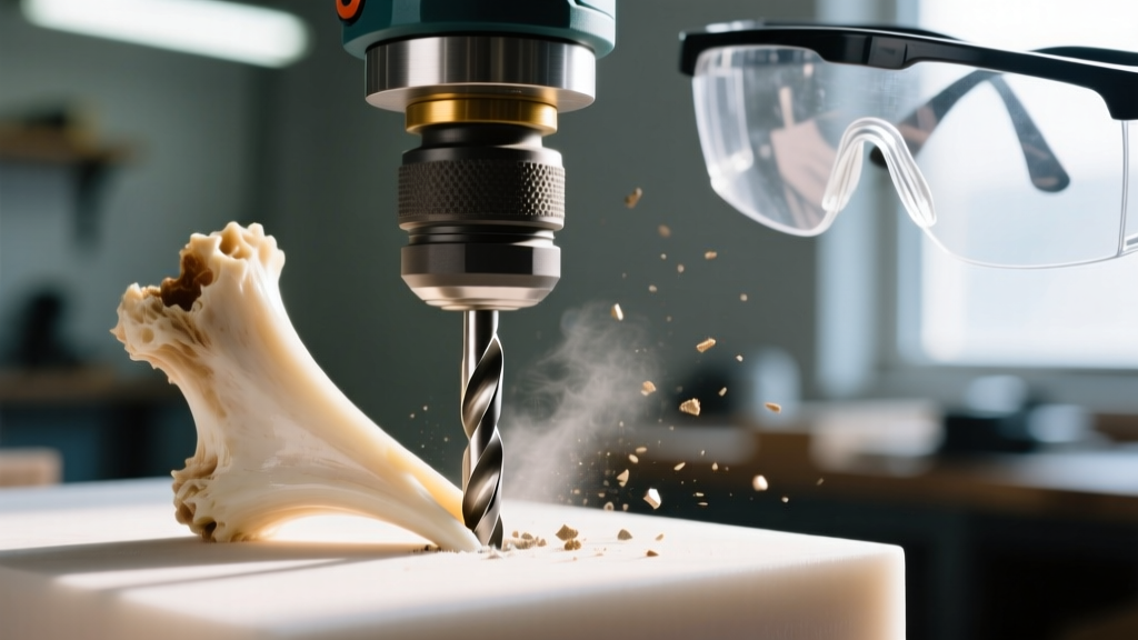 Close-up of a rotary tool drilling a hole into a cleaned turkey spur base, showing safety glasses and a small carbide drill bit.
