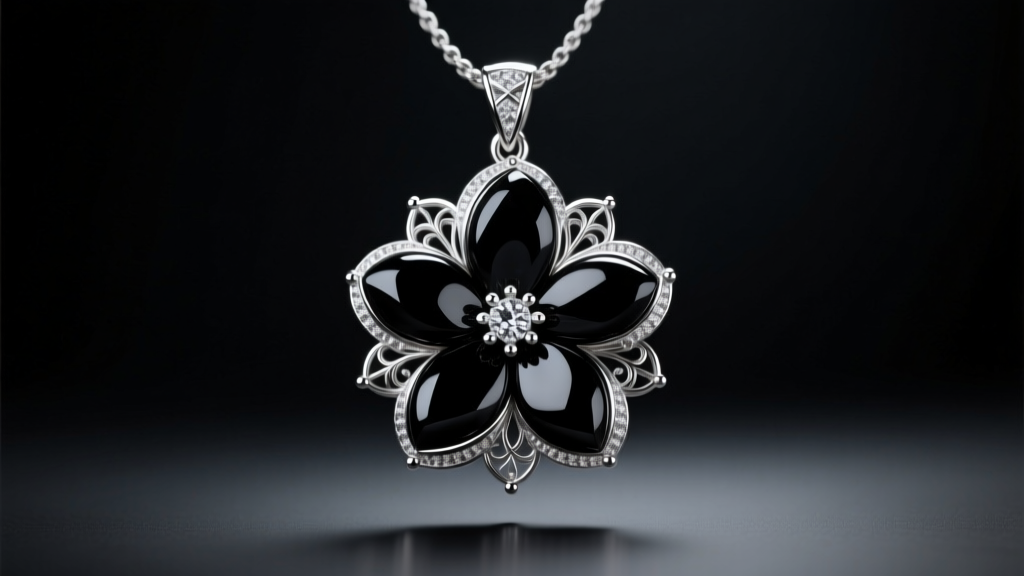 Macro shot of a black onyx flower pendant with silver filigree, lit by soft studio lighting against a dark velvet background