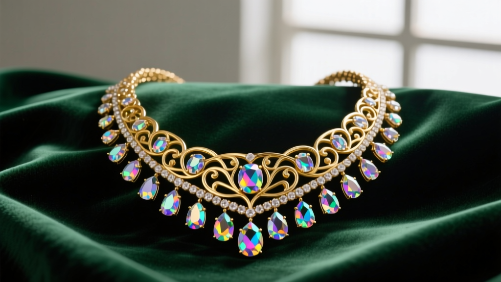 1950s Kramer of New York gold-plated bib necklace with aurora borealis rhinestones resting on dark emerald velvet fabric