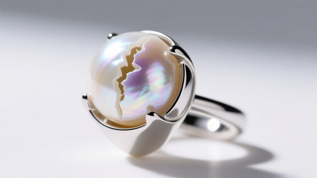 Close-up cross-section of a half-drilled Akoya pearl mounted on a silver cup and post setting with clear epoxy adhesive visible