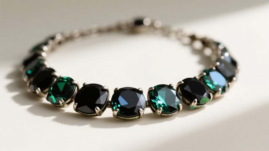 Vintage rhinestone necklace showing desilvered black glass stones and mild green verdigris on the pot metal prong settings.