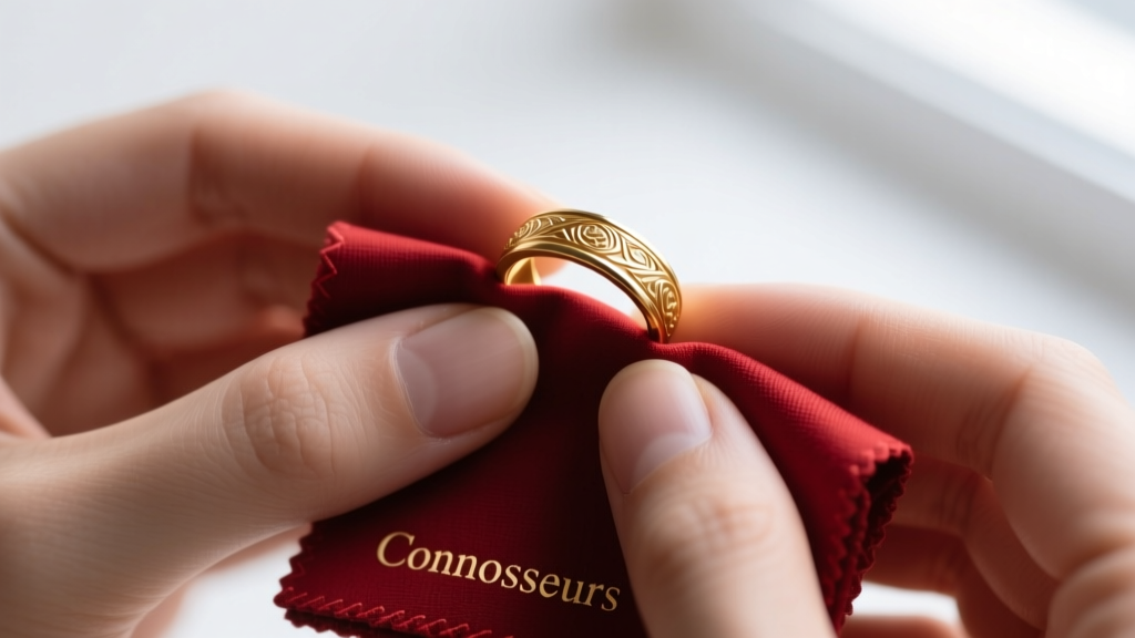 Close-up of hands gently rubbing a gold wedding band with the inner treated layer of a red Connoisseurs polishing cloth