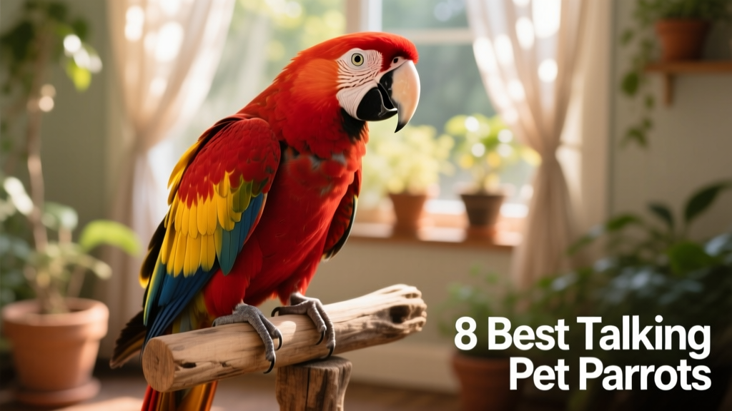 A vibrant scarlet macaw perched confidently on a natural wood perch, head tilted attentively