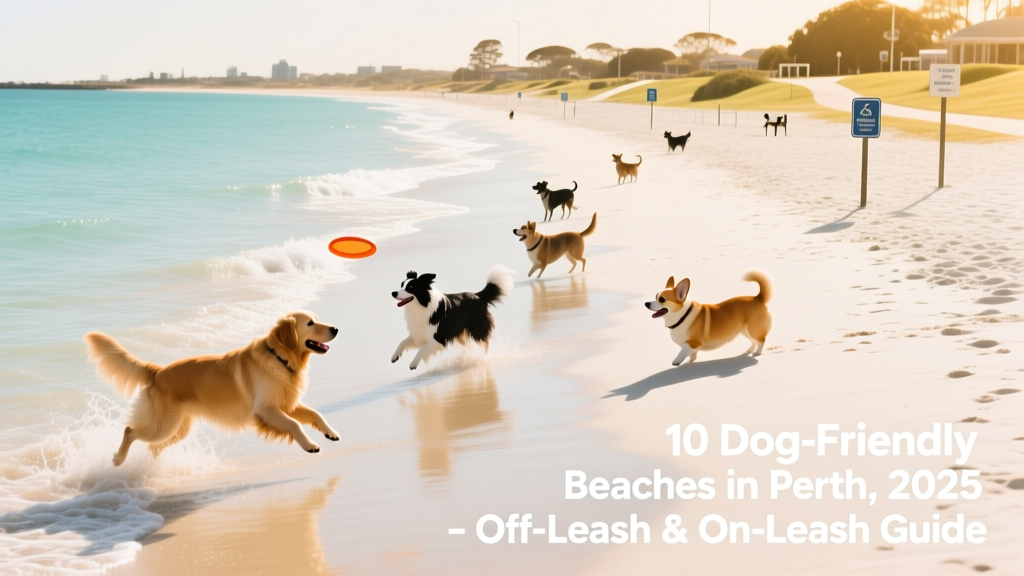 A sunny, wide-angle view of Rockingham Dog Beach with white sand, calm turquoise water, and several dogs playing near the shoreline