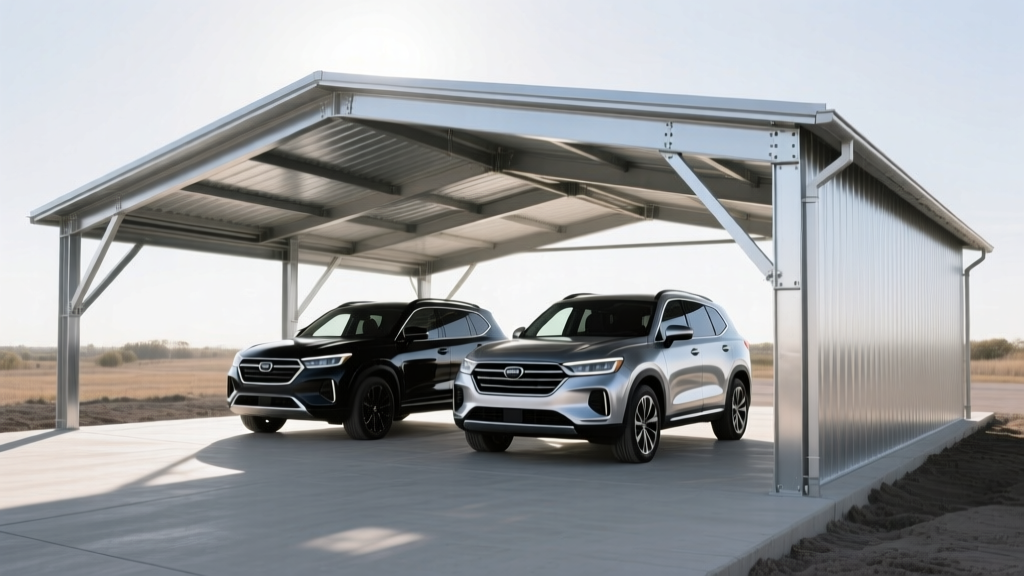 Completed 20x20 foot galvanized steel A-frame carport anchored to a freshly poured brushed concrete slab with two SUVs parked inside