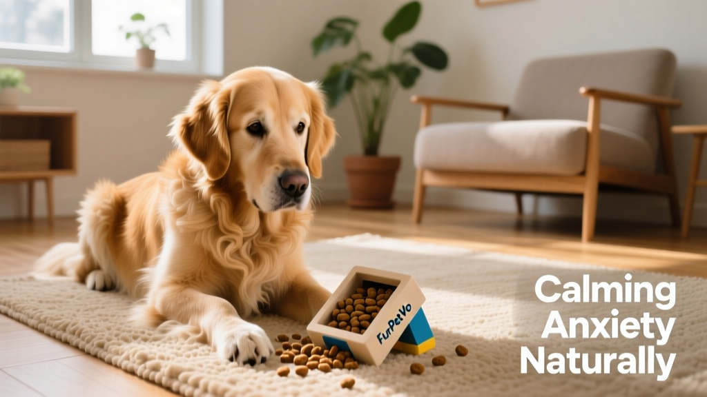 A dog focused on a FurPetVo puzzle toy filled with kibble, sitting calmly on a rug