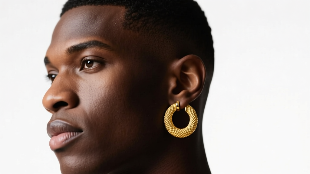 Stylish Black man with a short fade haircut wearing a single 14k yellow gold textured huggie earring, studio lighting