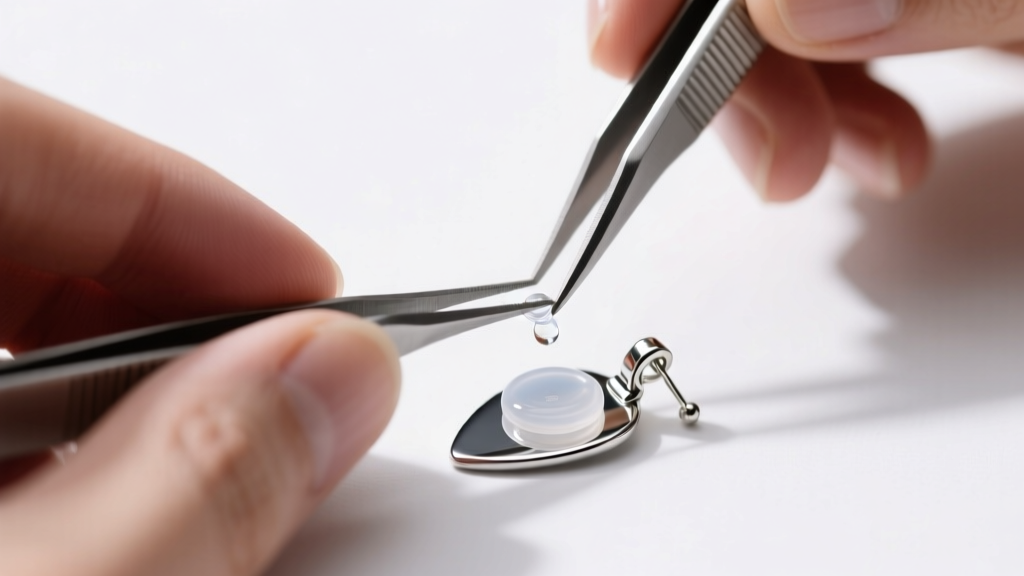 Hands using tweezers to apply a 2mm clear silicone comfort pad onto a silver paddle clip on earring base with jewelry adhesive
