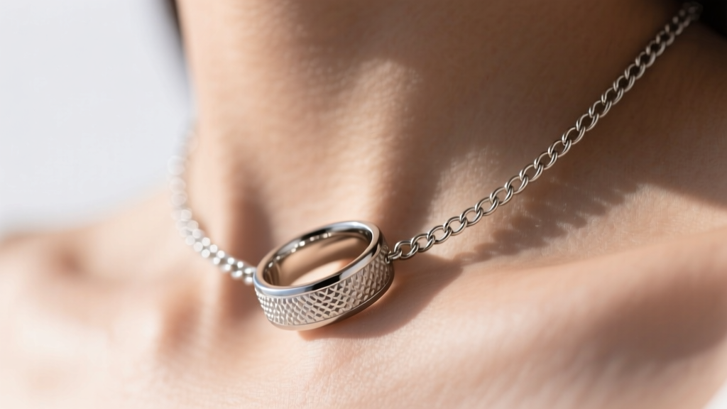 Close-up of a brushed titanium promise ring on a platinum rolo chain resting on a collarbone in soft natural sunlight.