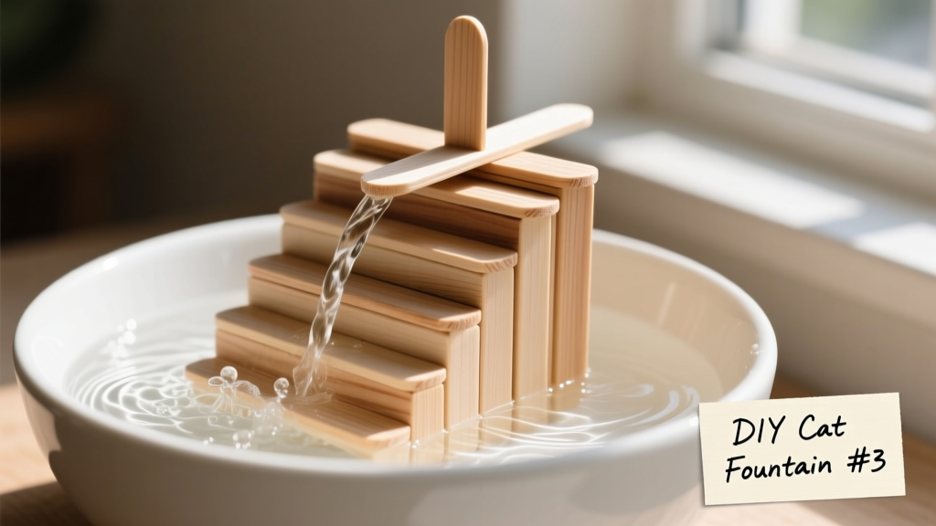 Close-up of wooden popsicle sticks arranged in stepped layers inside a white ceramic bowl, with water cascading softly from one level to the next