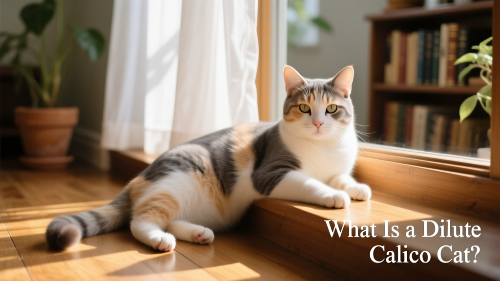 A relaxed dilute calico cat lounging on a sunlit windowsill, showcasing its gentle gray, cream, and white coat pattern