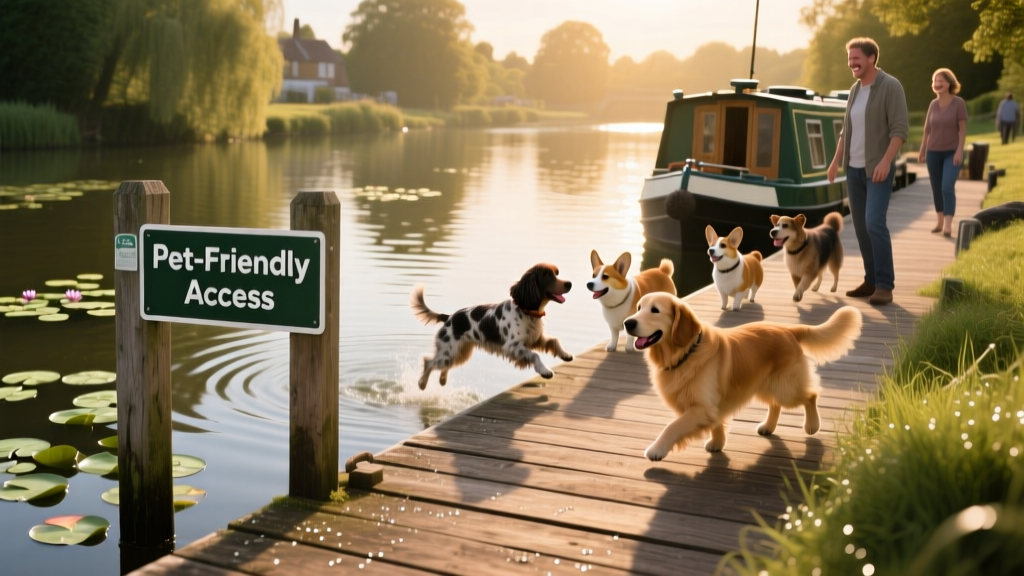 Dog-friendly boat dock on the River Avon with signage indicating pet access