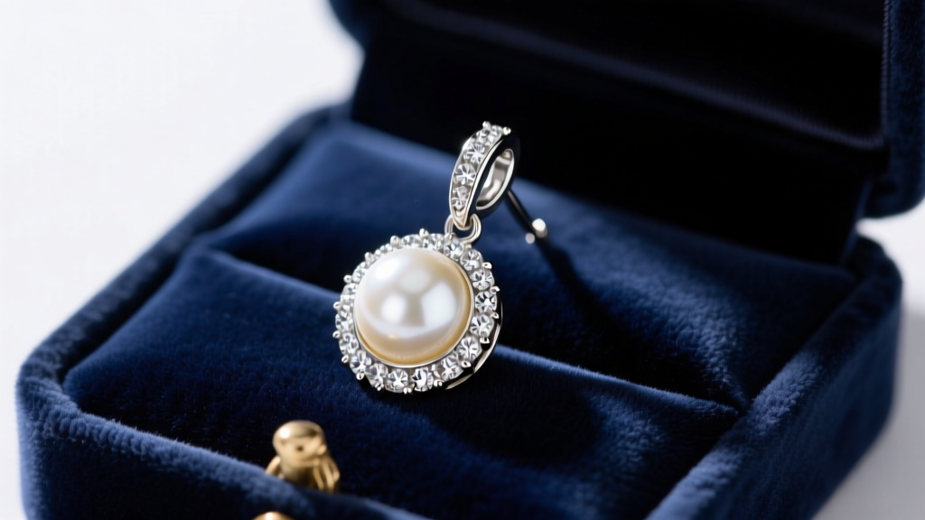 Tarnished silver post beside rhodium white gold pearl diamond drop earring resting inside a velvet lined jewelry box.
