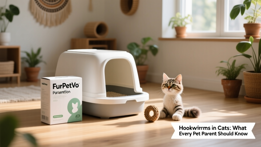 FurPetVo branded parasite prevention package next to clean litter box and cat toy