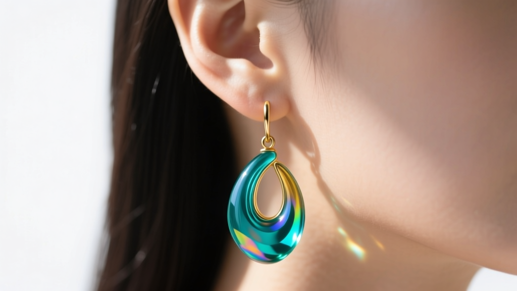 Close-up of an ear wearing vibrant teal and gold dichroic blown glass drop earrings, soft natural sunlight highlighting the glass.