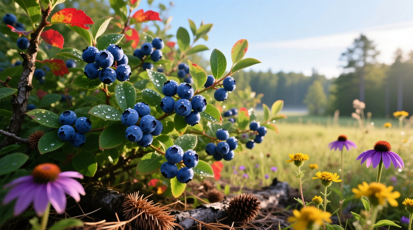 Lowbush blueberry plants with berries and fall foliage