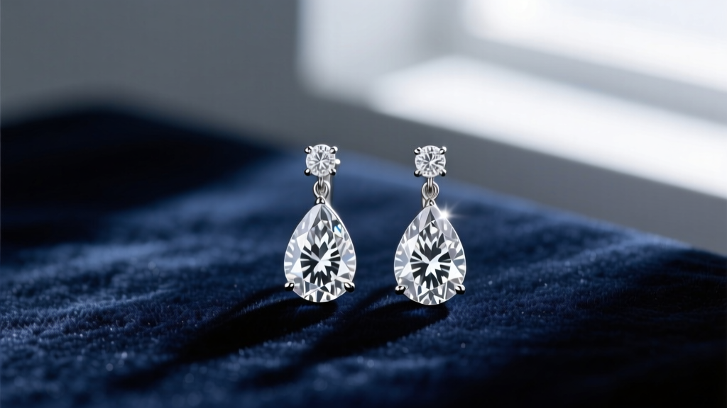 Close-up of elegant platinum pear shaped diamond drop earrings resting on dark navy velvet, highlighting the teardrop silhouette.