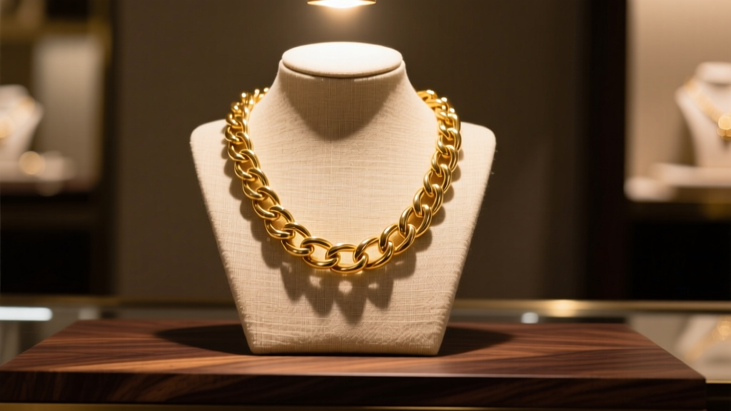 Premium beige linen display necklace bust showcasing a heavy gold chain on a dark walnut retail counter under warm spotlighting.