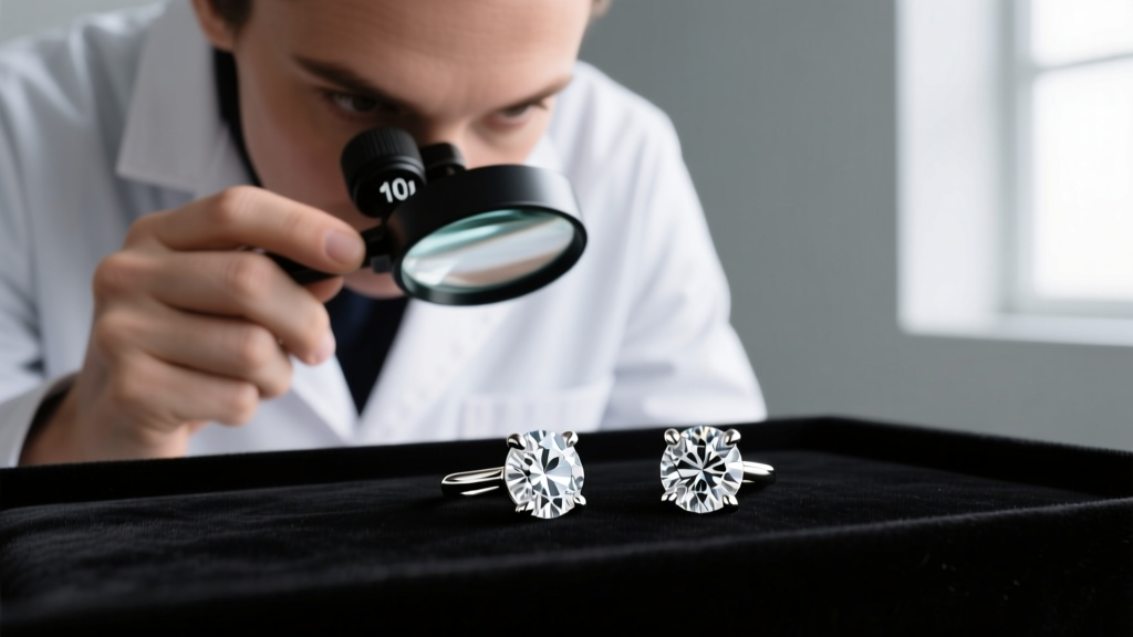 Jeweler using a 10x loupe to inspect 1-carat diamond stud earrings in a 4-prong martini setting resting on dark velvet.