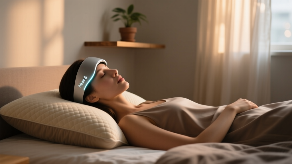 Woman wearing the Muse S sleep headband across her forehead while resting on a plush memory foam pillow in a dimly lit room