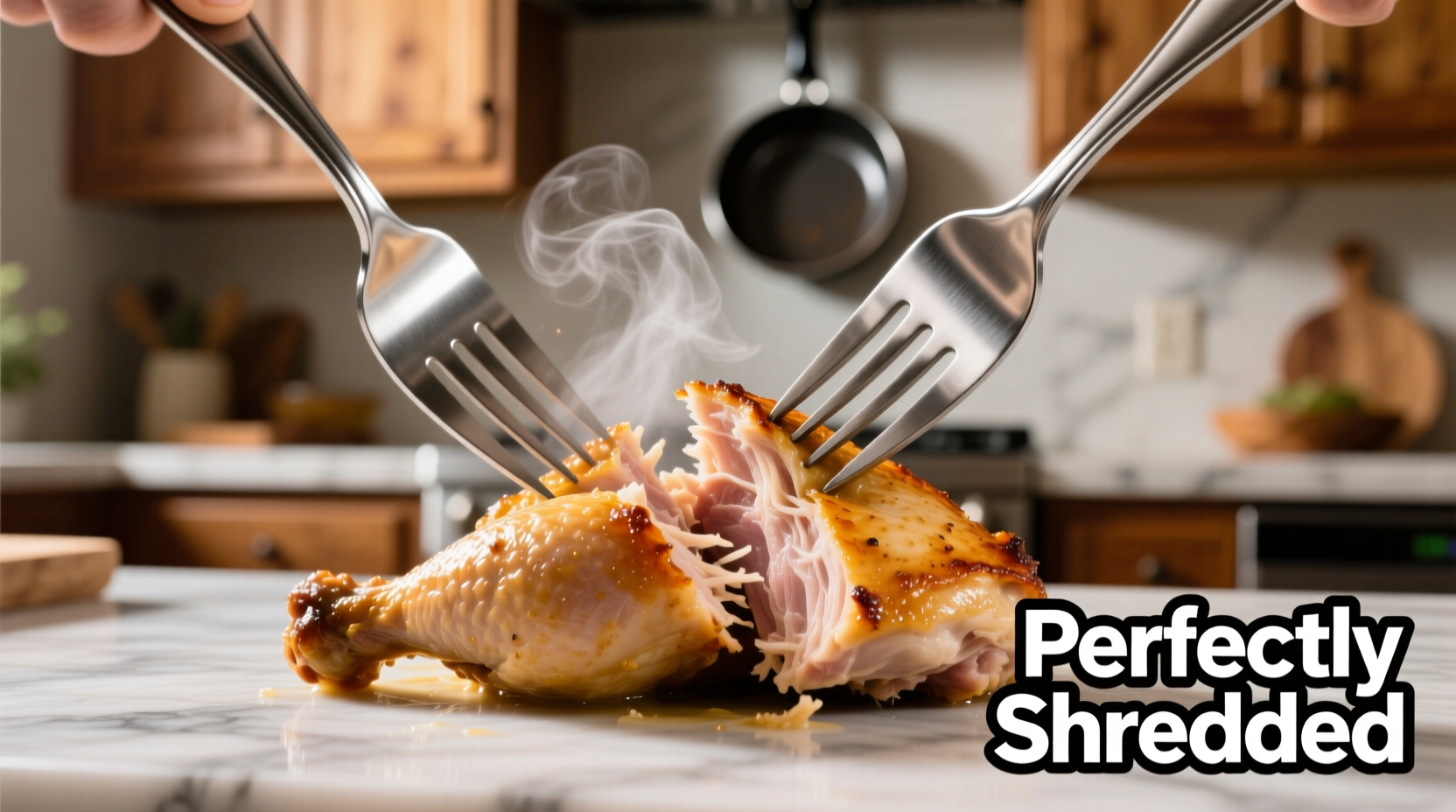 Zwei Gabeln zerreissen perfekt gegarte Hähnchenbrust