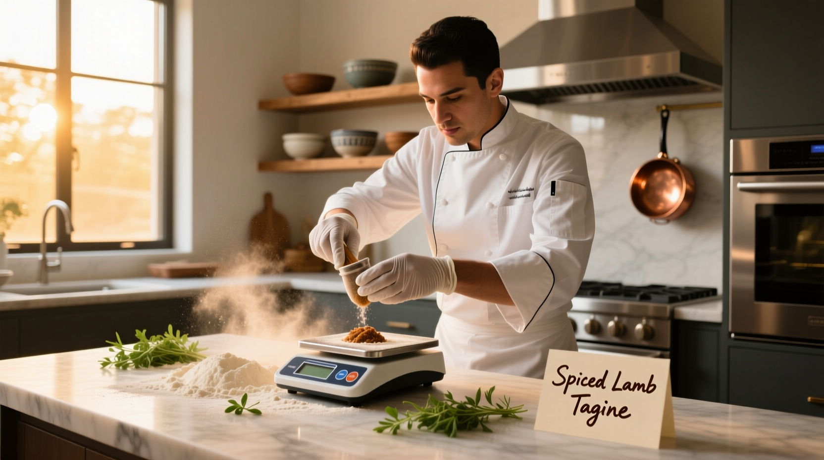 Chef measuring recipe yield in kitchen