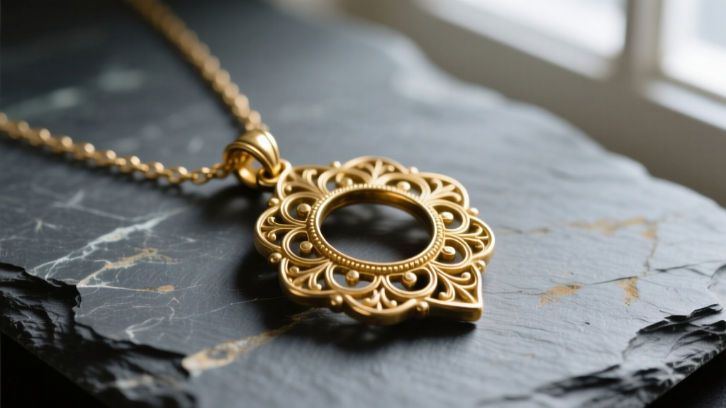 Close-up of a gold-plated brass necklace pendant on slate, showing vintage filigree details and slight wear on high-relief edges.