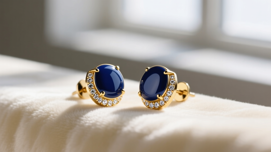 Macro shot of gold-plated stud earrings with vibrant navy blue cold enamel and tiny cubic zirconia accents on a soft cloth