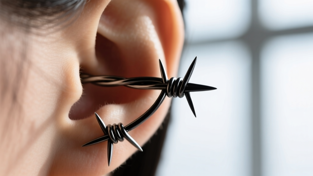 Close-up of a 14-gauge titanium barbed wire earring on a helix piercing, showing the electropolished finish and dark PVD coating.