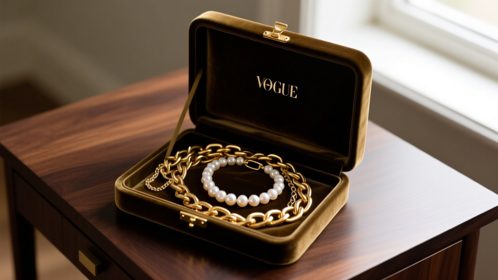 Top-down view of an open velvet jewelry box showing a tangled gold chain and scratched pearl necklace resting on a dark oak desk