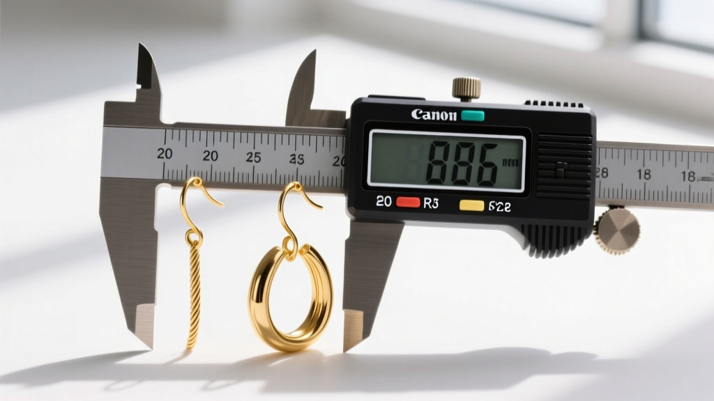 Technical comparison of 20-gauge and 18-gauge gold dangle earring wires on a digital caliper measuring exact millimeter thickness