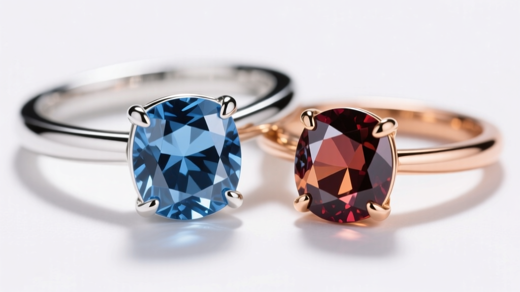 Macro shot comparing a cool-toned blue sapphire in white gold and a warm garnet in rose gold, under bright studio lighting.