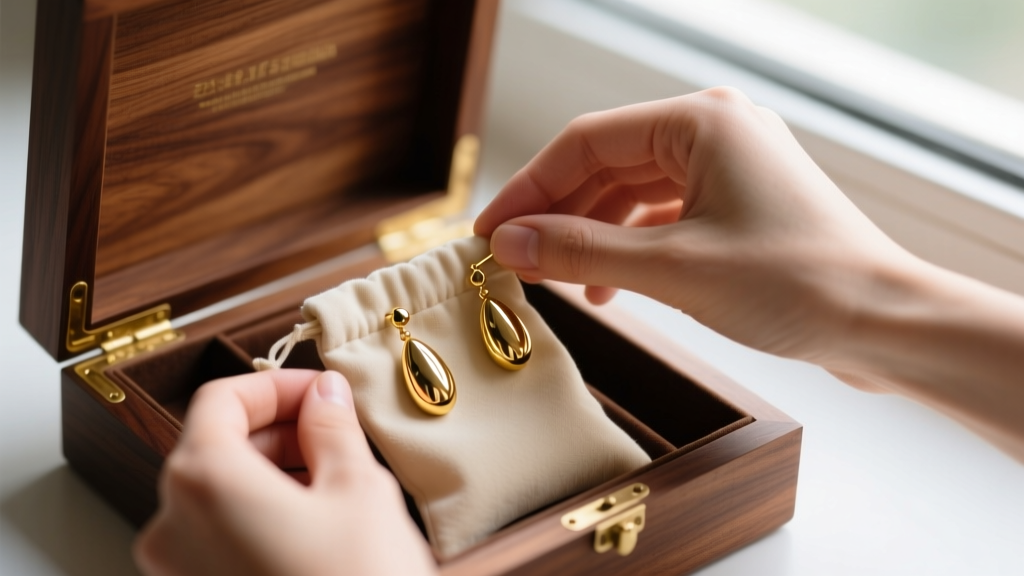 Hands placing polished Italian gold drop earrings into anti-tarnish microfiber pouches inside a cedar-lined wooden jewelry box.