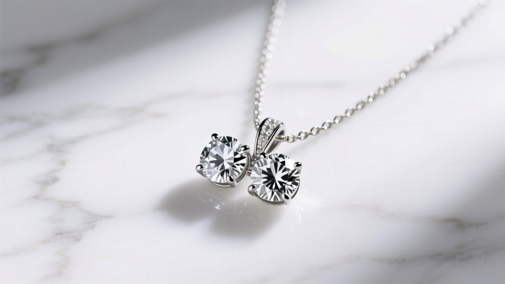 Flat lay on white marble showing an 18-inch platinum two stone diamond pendant with bezel settings on a delicate cable chain.
