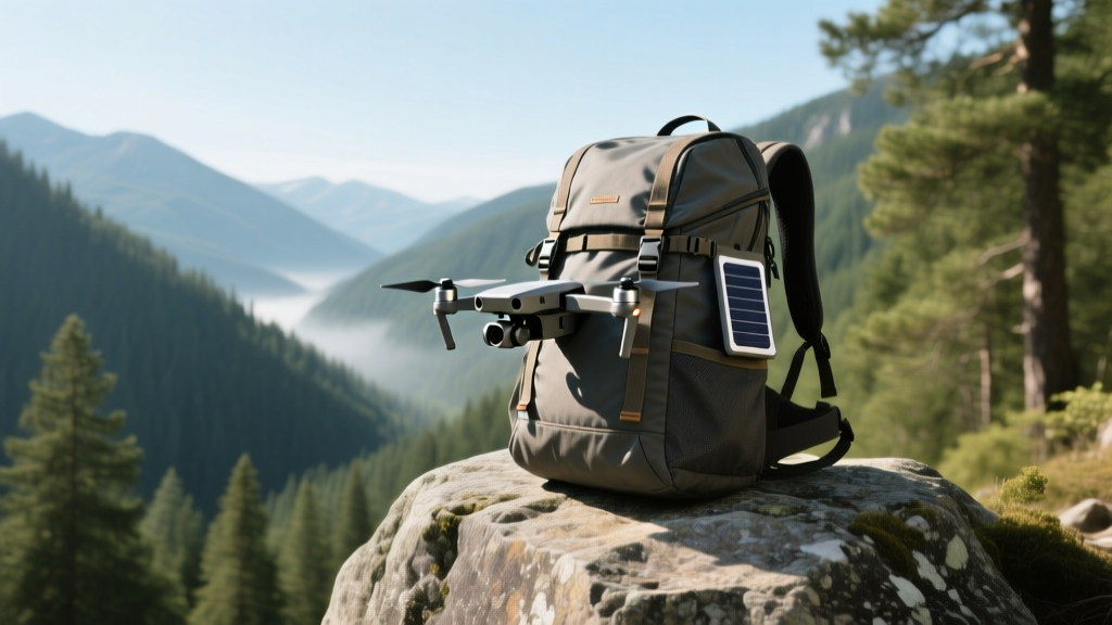 Rugged hiking backpack on a granite boulder overlooking a pine forest valley with a drone and solar panel attached to exterior straps