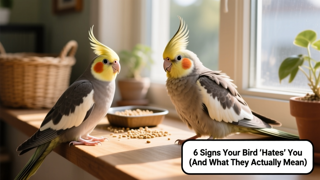 Side-by-side comparison showing relaxed vs. stressed body language in a cockatiel: one with smooth feathers and soft eyes, another with fluffed plumage and pinned pupils
