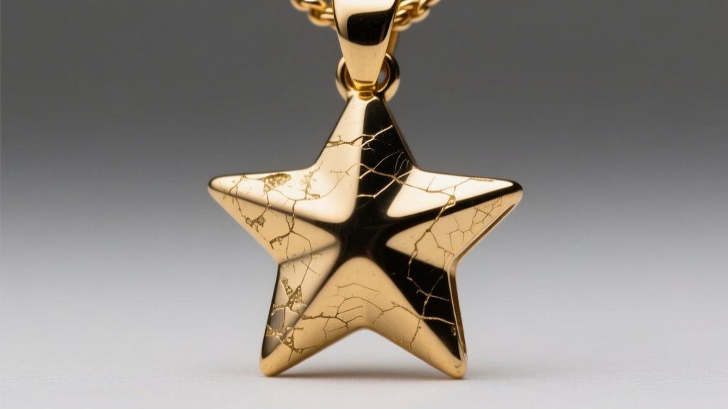 Macro shot of a star pendant tip revealing dark brass base metal through worn gold plating, lit by bright studio lighting.