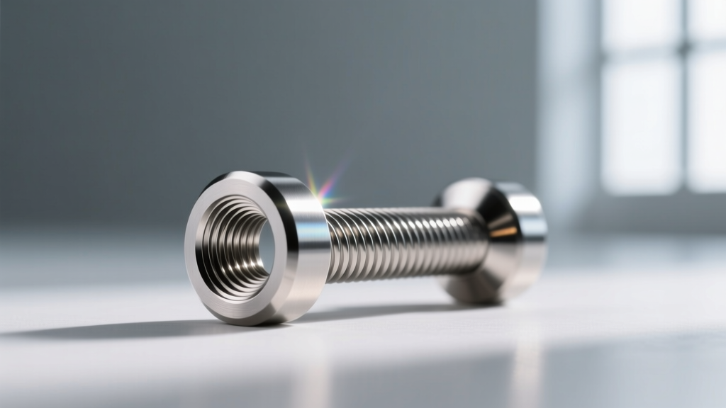 Macro shot of a 16-gauge ASTM F-136 titanium internally threaded barbell showing precise threading and mirror-polished finish