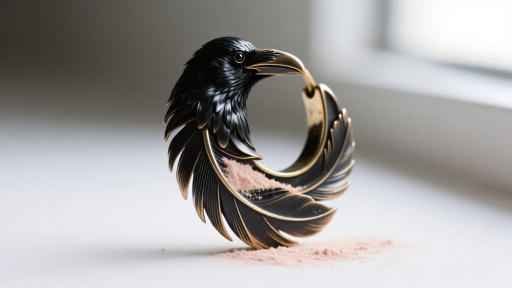 Macro view of textured feathers on a blackened brass raven earring, revealing trapped cosmetic powder inside deep metal crevices.